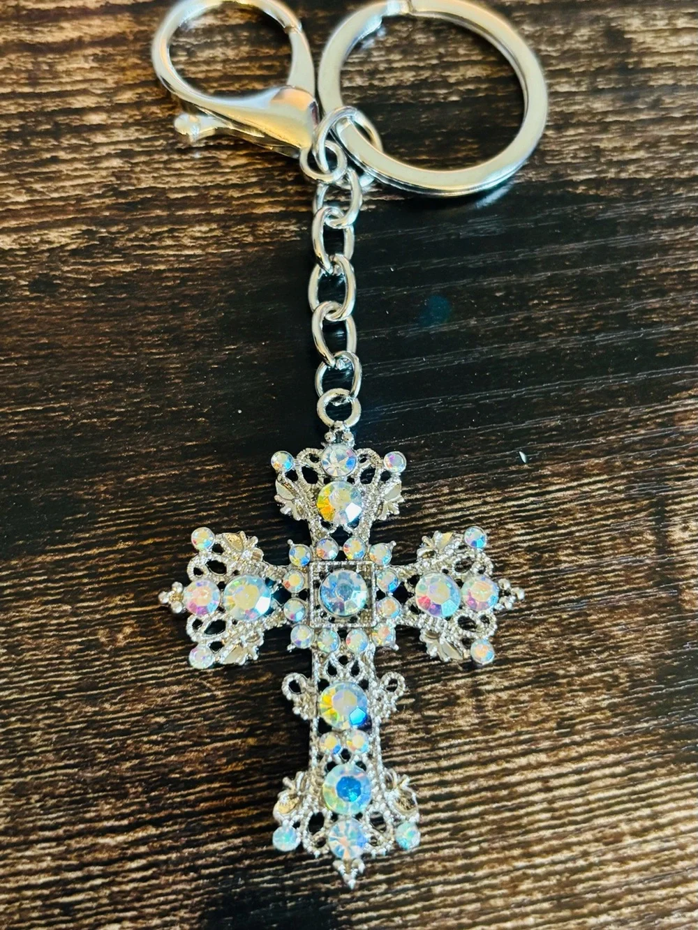 Silver-tone Cross Keychain‎ with Iridescent Rhinestones